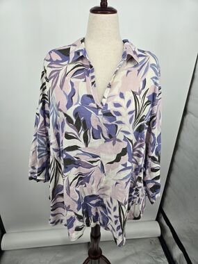 C&C California Lavender Blue Abstract Floral Print Linen Tunic 2X